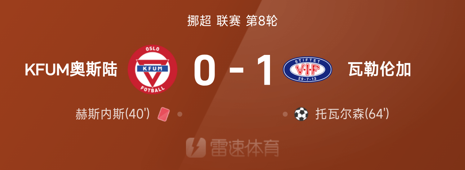 KOK体育-⚽挪超战报：托瓦尔森制胜，赫斯内斯染红，瓦勒伦加1-0奥斯陆